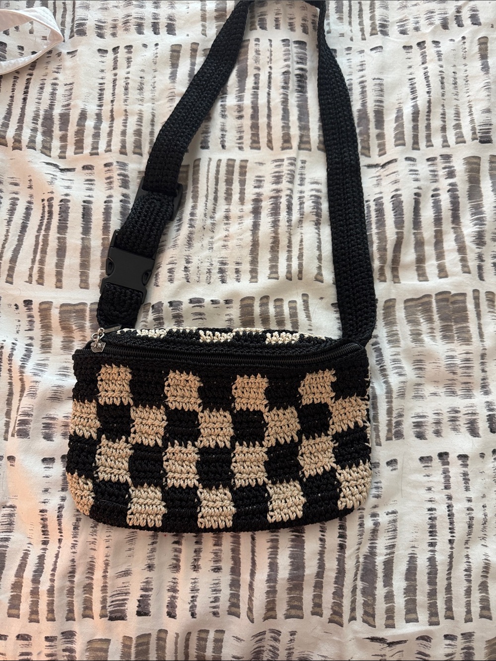 The Sak Black and Beige Crochet Checker Crossbody Bag